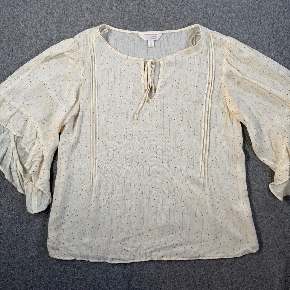 Lauren Conrad LC Size Small Cream Moon Star Pintuck Tie Neck Blouse Top Ruffle